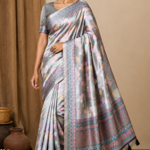 silver grey printed soft silk saree with tassel pallu