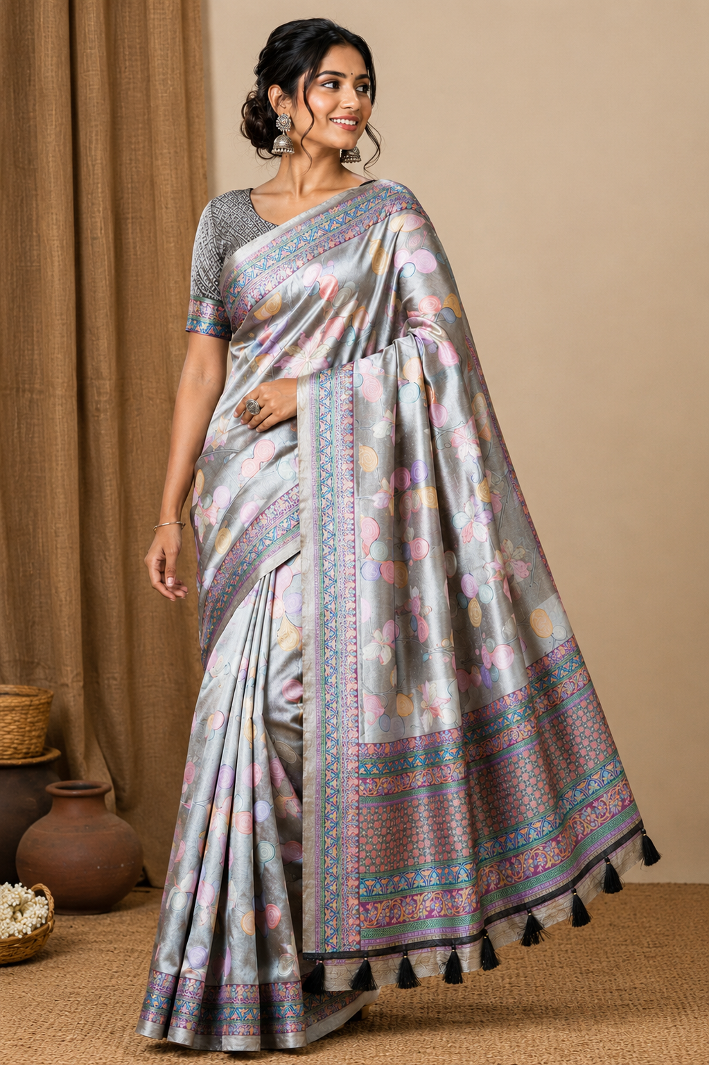 silver grey printed soft silk saree with tassel pallu silver grey printed soft silk saree with tassel pallu
