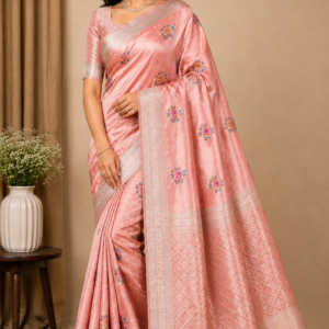 silver grey printed soft silk saree with tassel pallu