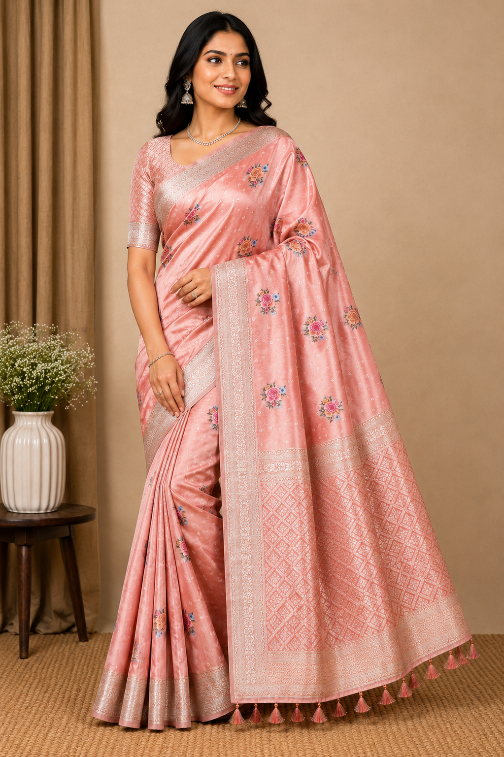 silver grey printed soft silk saree with tassel pallu silver grey printed soft silk saree with tassel pallu