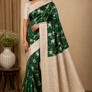 silver grey printed soft silk saree with tassel pallu