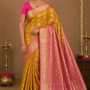 mustard gold pattu saree with pink zari border