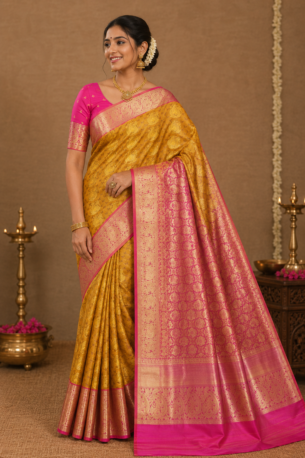mustard gold pattu saree with pink zari border mustard gold pattu saree with pink zari border