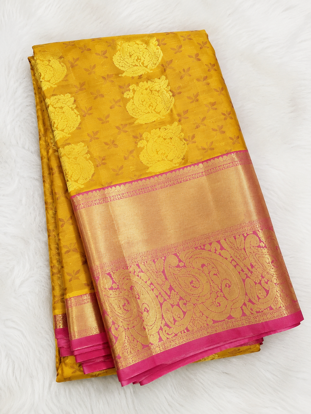 mustard gold pattu saree with pink zari border mustard gold pattu saree with pink zari border