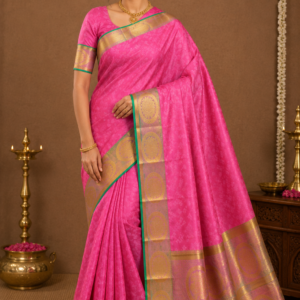 parrot green pattu saree with pink zari border