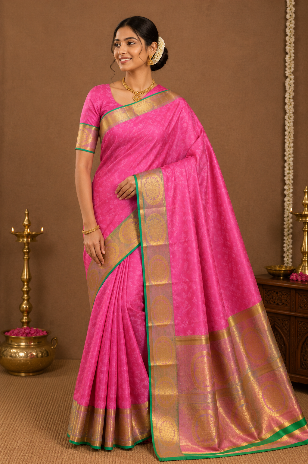parrot green pattu saree with pink zari border parrot green pattu saree with pink zari border