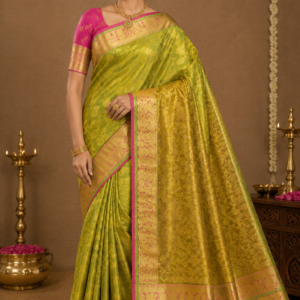 parrot green pattu saree with pink zari border