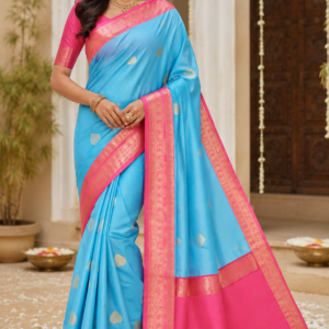 sky blue soft silk saree with pink zari border