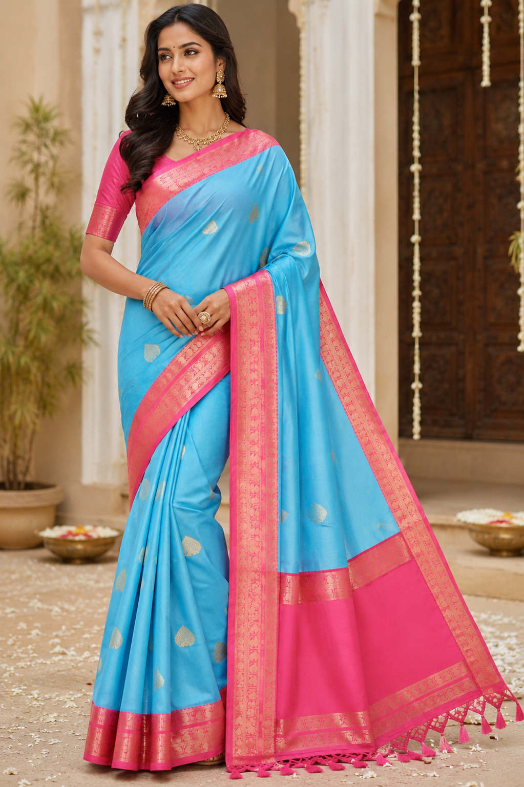 sky blue soft silk saree with pink zari border sky blue soft silk saree with pink zari border