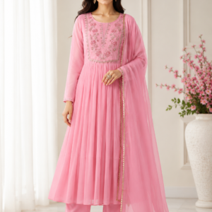 Pink Chanderi Embroidered Anarkali Suit Set with Dupatta