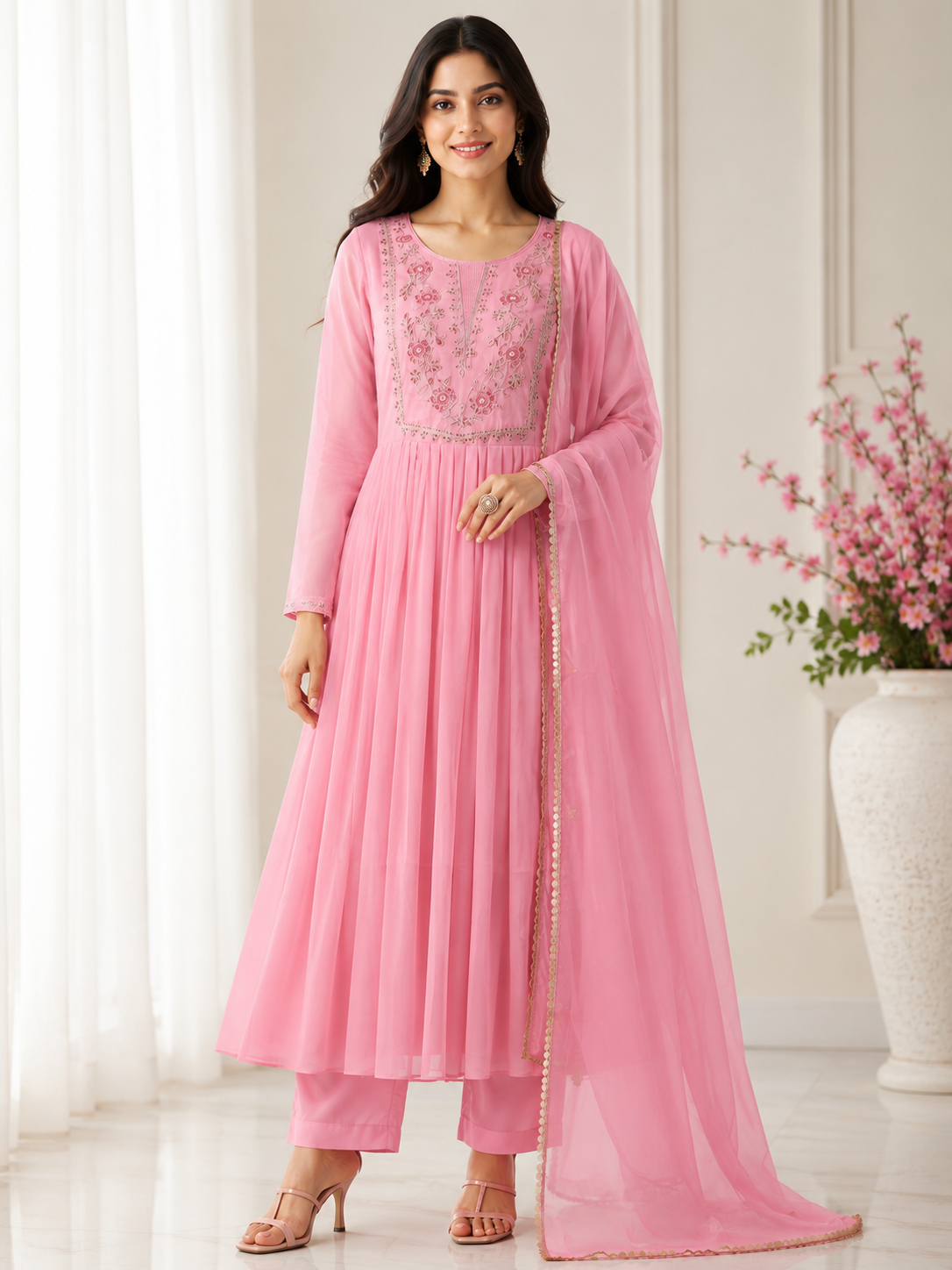 Pink Chanderi Embroidered Anarkali Suit Set with Dupatta