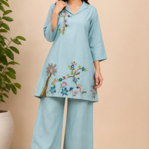 Sky Blue Floral Embroidered Mal Chanderi Co-Ord Set
