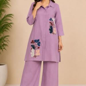 Lavender Floral Patchwork Mal Chanderi Co-Ord Set
