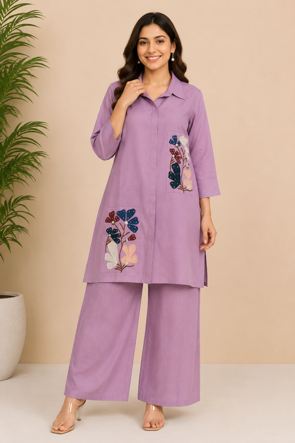 Lavender Floral Patchwork Mal Chanderi Co-Ord Set