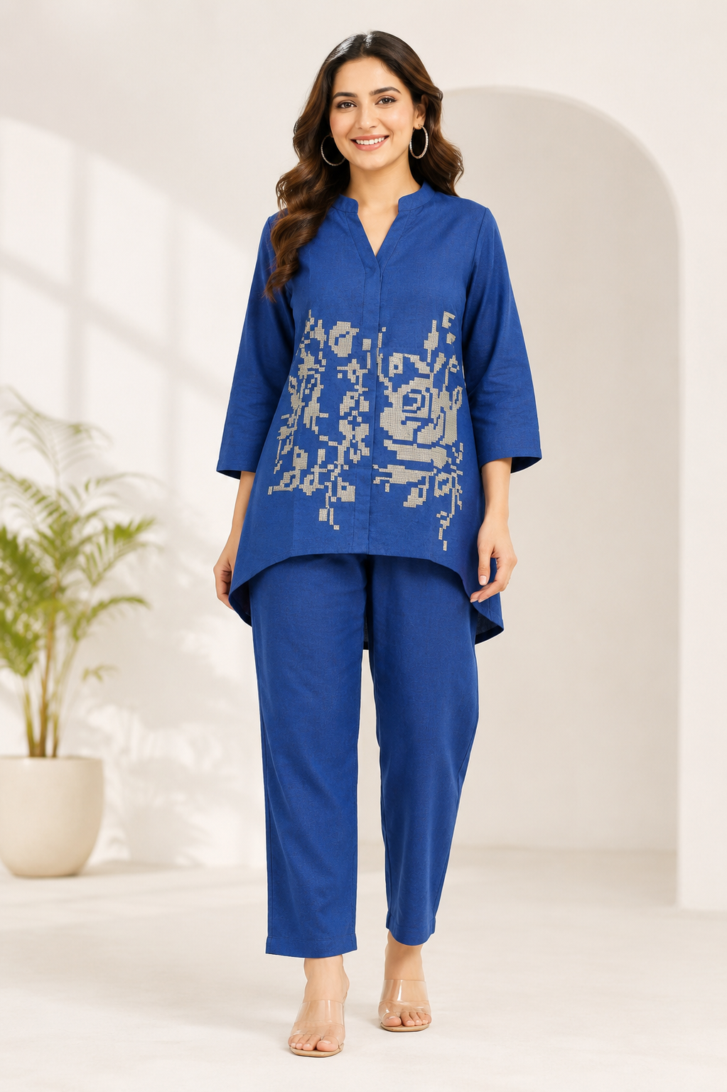 Royal Blue Woven Design Mal Chanderi Co-Ord Set