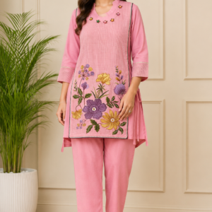 Blush Pink Floral Embroidered Mal Chanderi Co-Ord Set