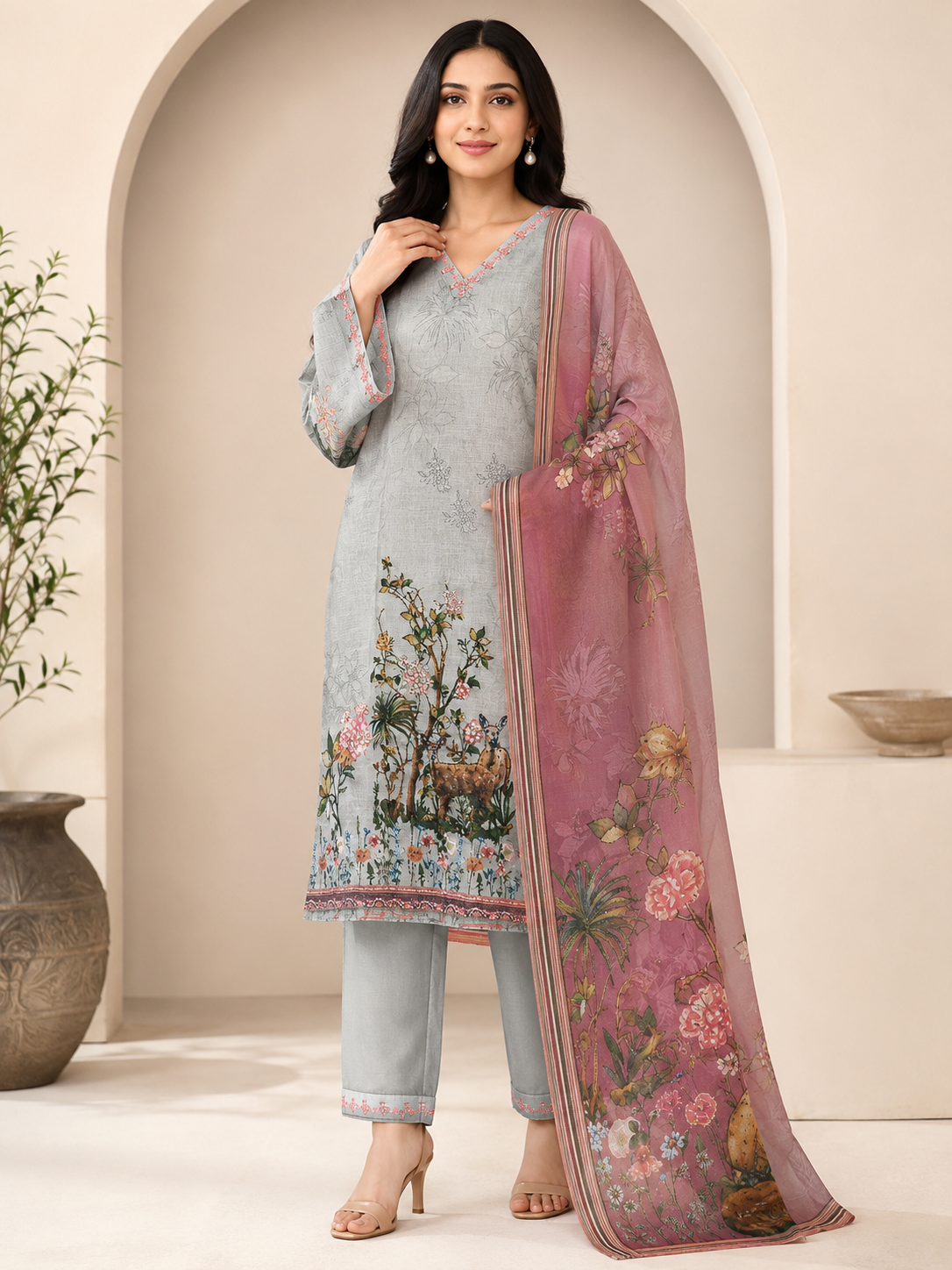 Raw Silk Floral Printed Suit Set with Digital Print Dupatta