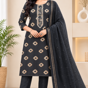 Premium Black Cotton Printed Suit Set with Embroidered Neck
