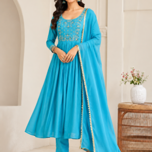 Sky Blue Chanderi Embroidered Anarkali Kurta Pant Set with Dupatta