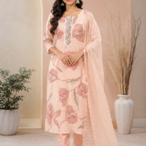 Peach Floral Printed Cotton Chanderi Kurta Pant Set with Dupatta