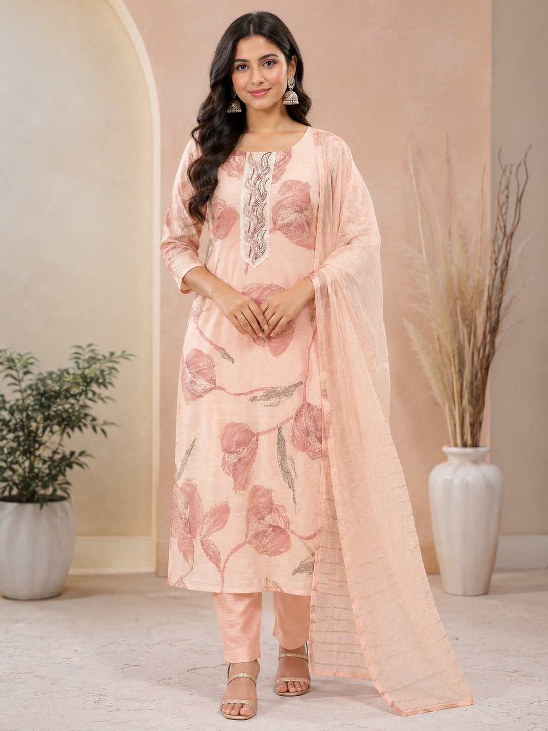 Peach Floral Printed Cotton Chanderi Kurta Pant Set with Dupatta