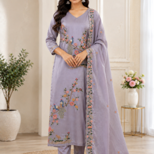 Lavender Satin Embroidered Kurta Pant Set with Dupatta