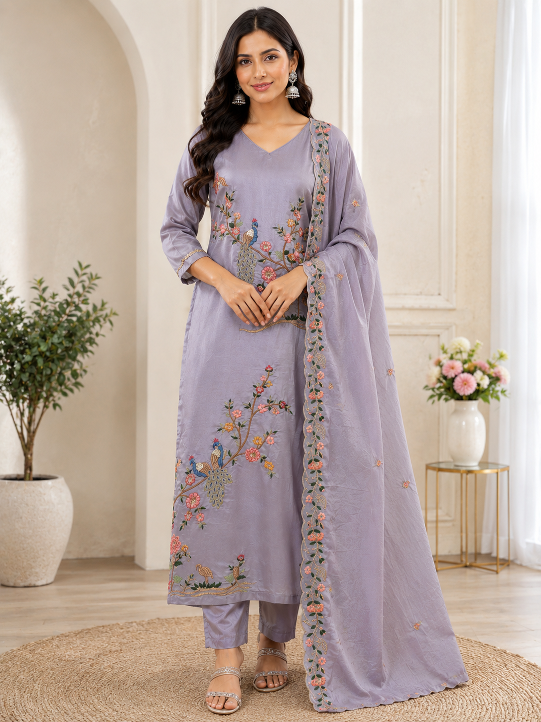 Lavender Satin Embroidered Kurta Pant Set with Dupatta