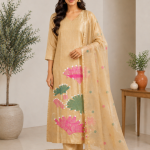 Beige Cotton Chanderi Printed Kurta Pant Set with Dupatta