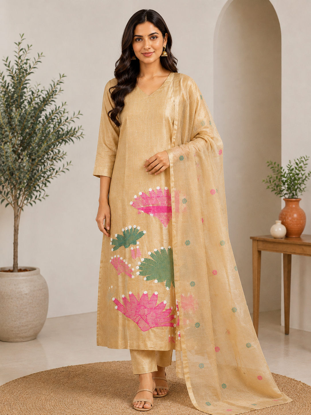 Beige Cotton Chanderi Printed Kurta Pant Set with Dupatta