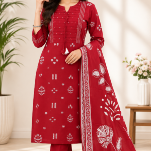 Maroon Cotton Printed Kurta Pant Set with Cotton Dupatta