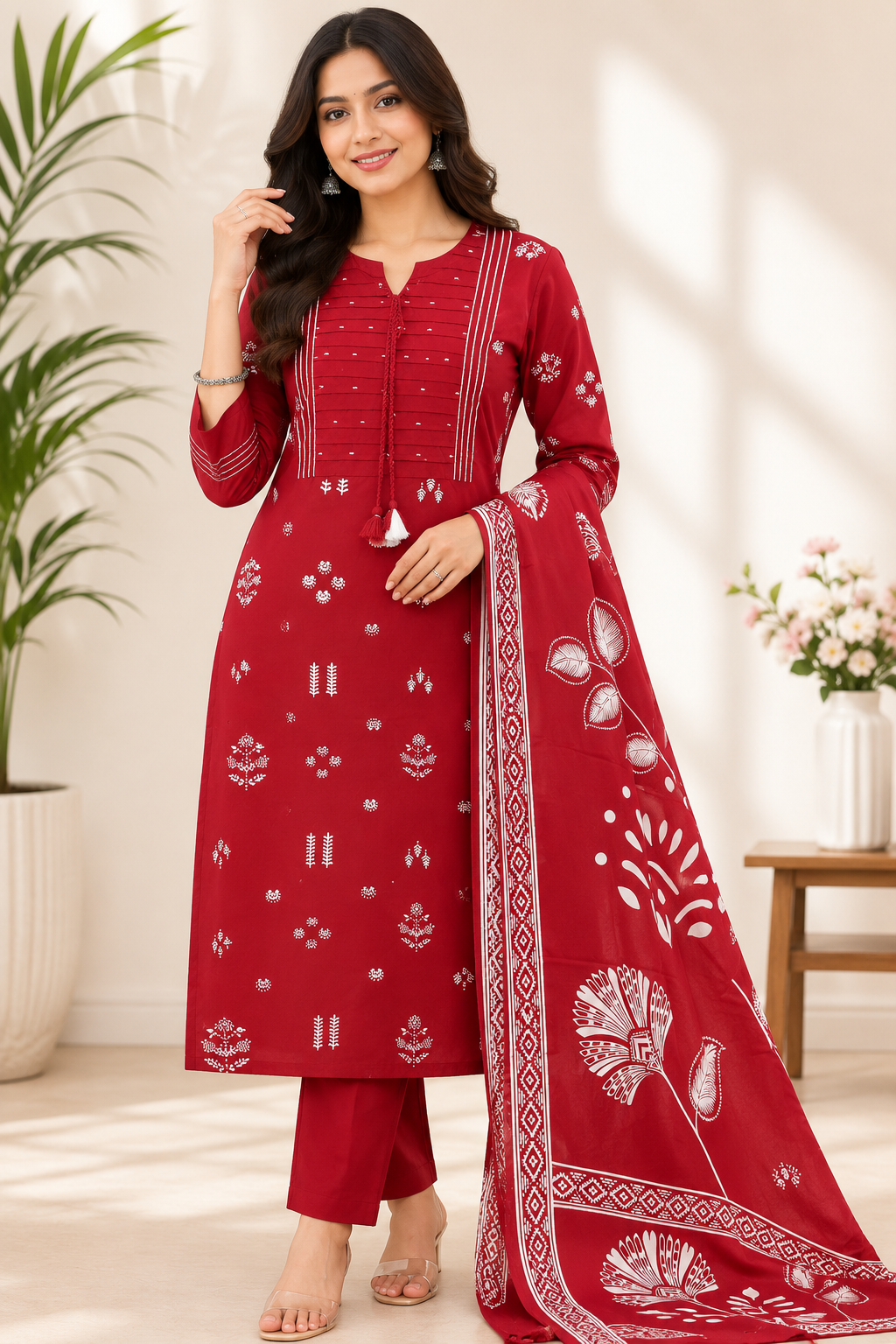 Maroon Cotton Printed Kurta Pant Set with Cotton Dupatta