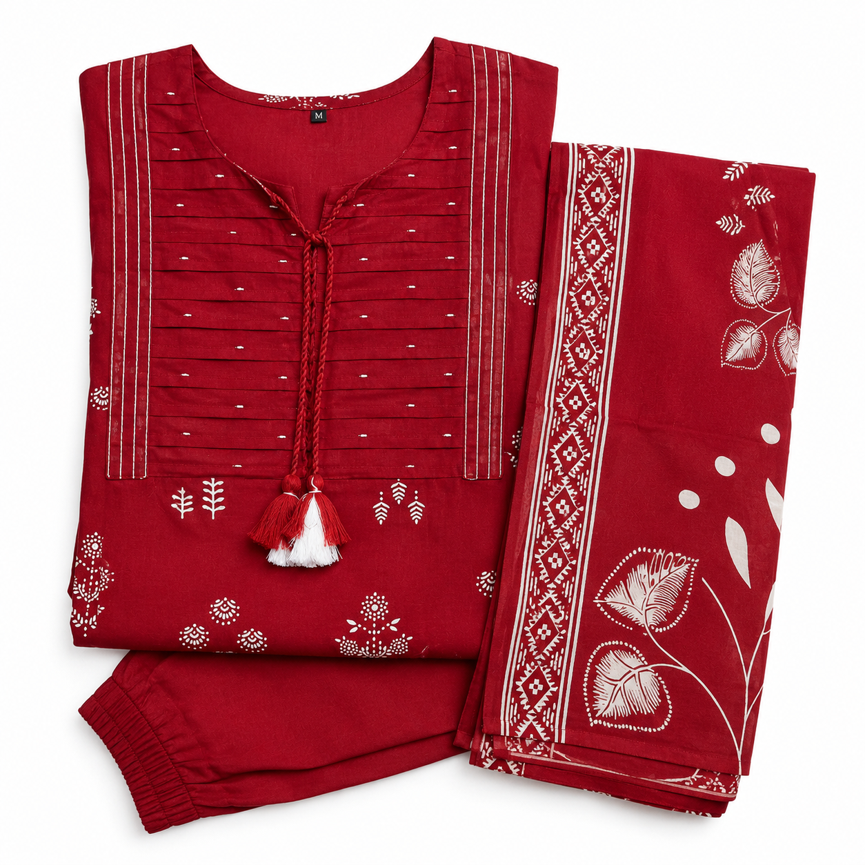 Maroon Cotton Printed Kurta Pant Set with Cotton Dupatta - Image 2