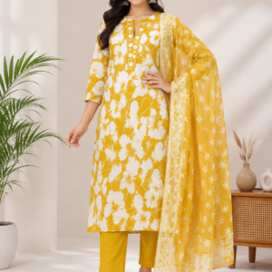 Mustard Yellow Floral Printed Cotton Kurta Pant Set with Cotton Dupatta