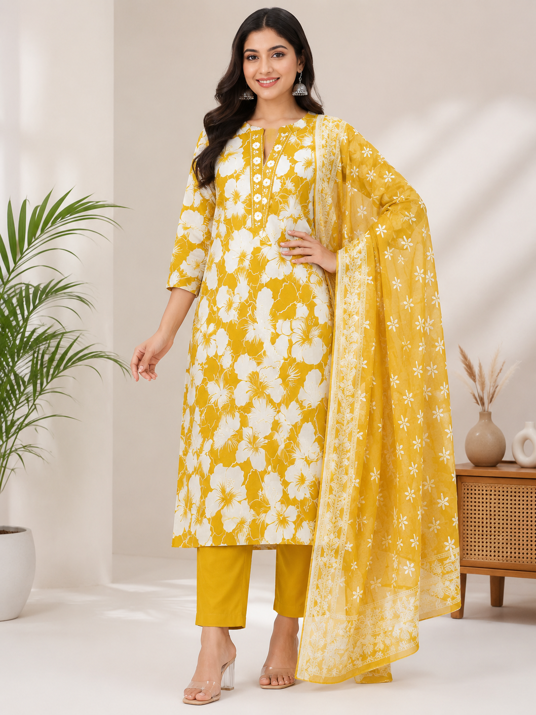 Mustard Yellow Floral Printed Cotton Kurta Pant Set with Cotton Dupatta
