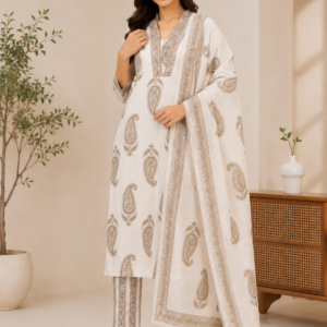 Off White Paisley Printed Cotton Kurta Pant Set with Cotton Dupatta