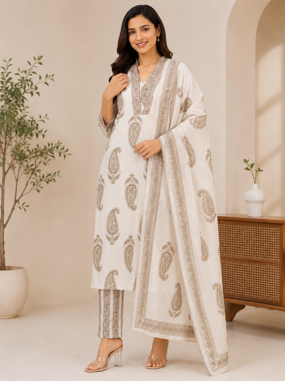 Off White Paisley Printed Cotton Kurta Pant Set with Cotton Dupatta