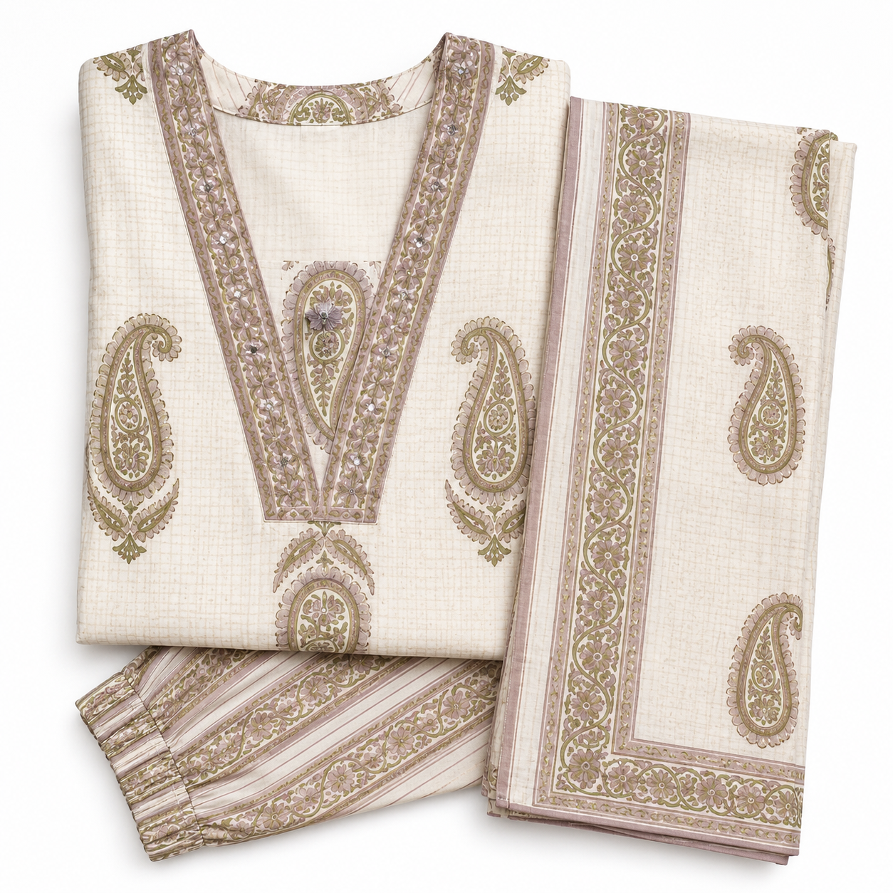 Off White Paisley Printed Cotton Kurta Pant Set with Cotton Dupatta - Image 2
