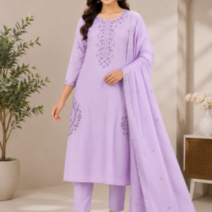 Lavender Cotton Embroidered Kurta Pant Set with Cotton Dupatta