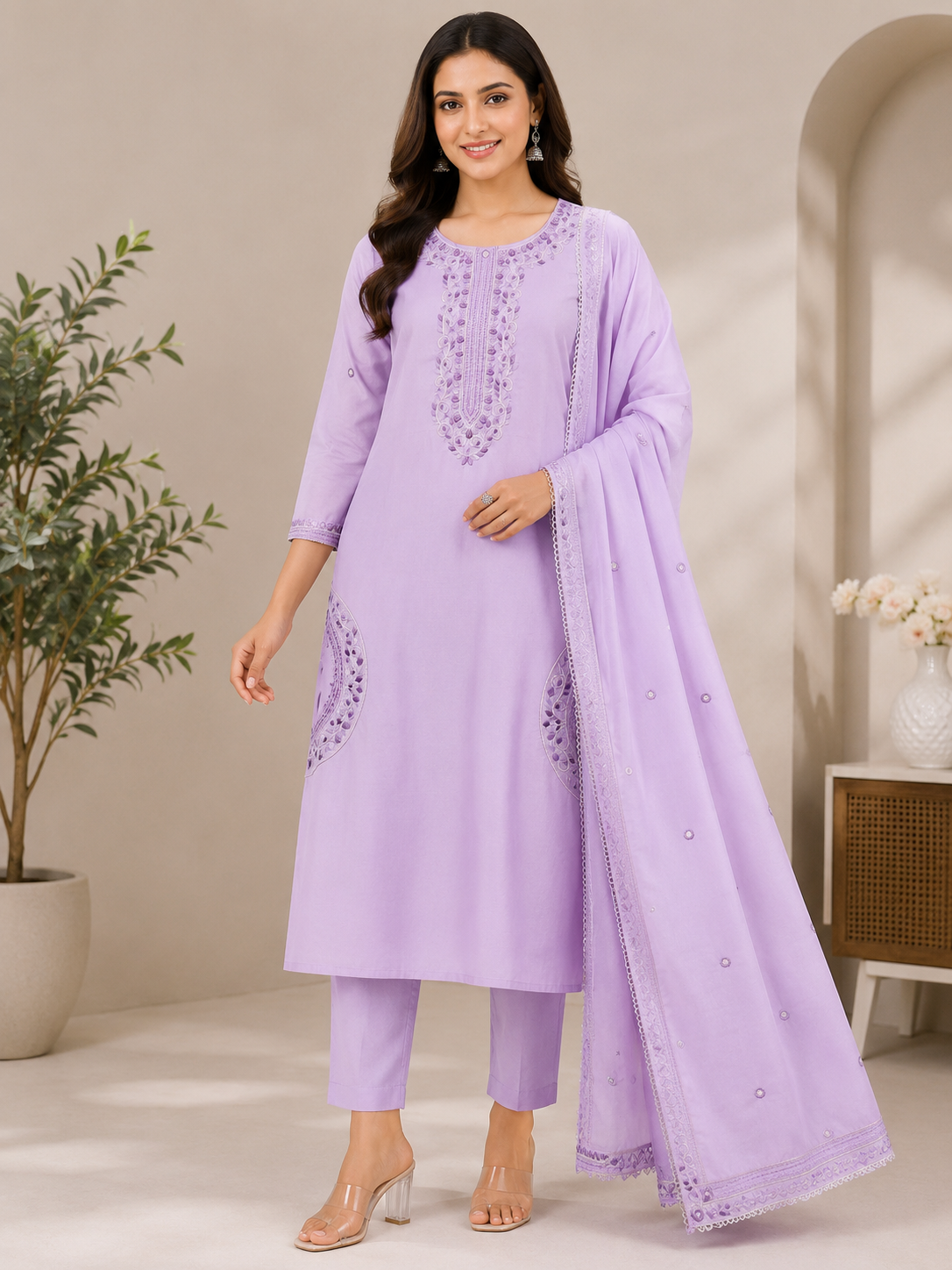 Lavender Cotton Embroidered Kurta Pant Set with Cotton Dupatta