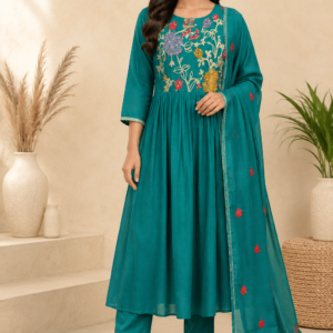 Teal Chanderi Embroidered Anarkali Kurta Pant Set with Dupatta