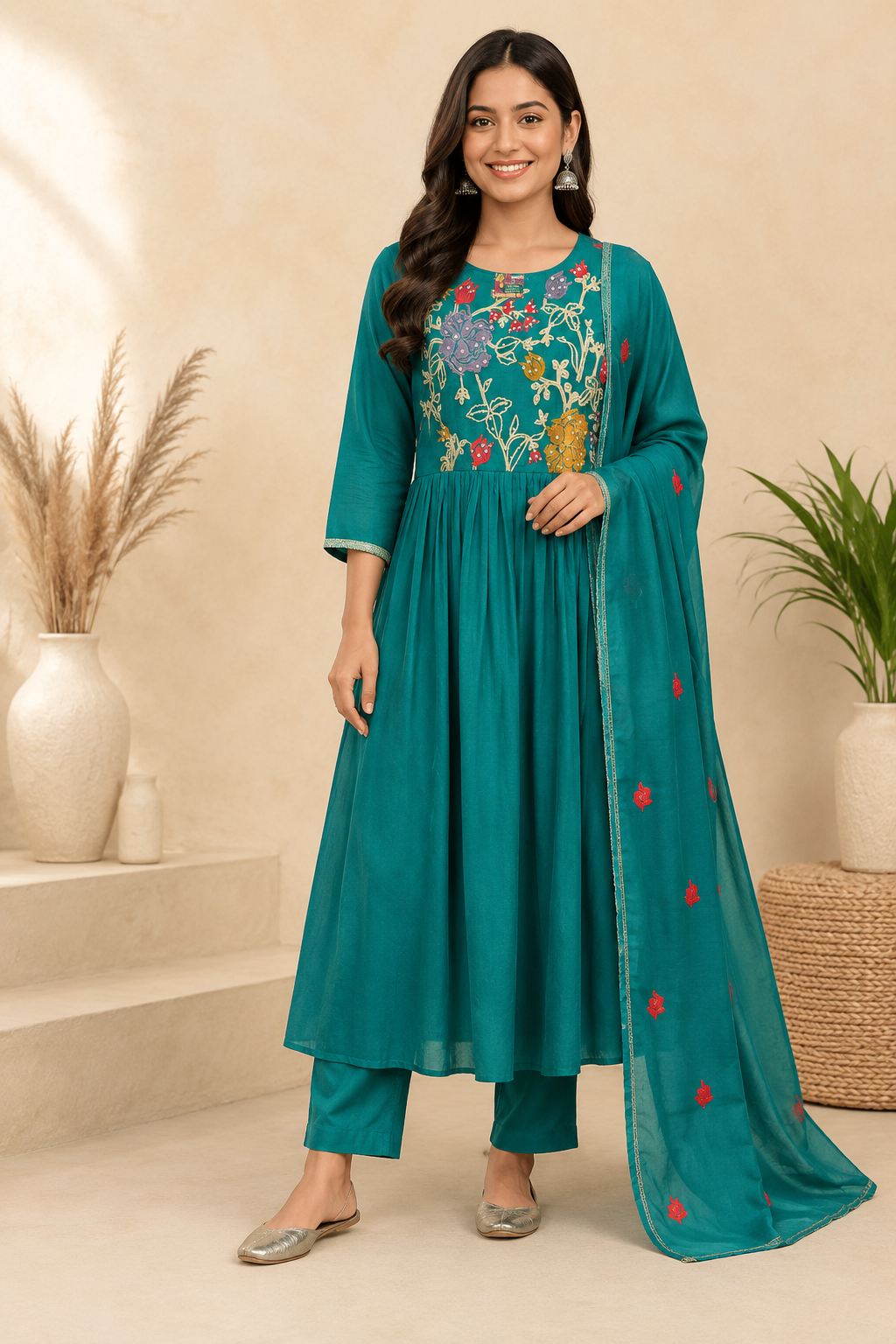 Teal Chanderi Embroidered Anarkali Kurta Pant Set with Dupatta