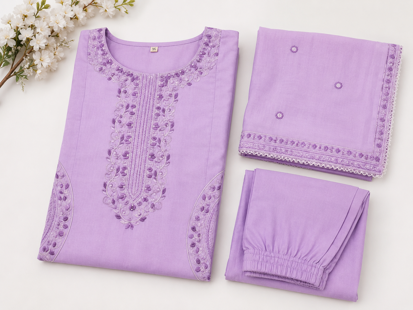 Lavender Cotton Embroidered Kurta Pant Set with Cotton Dupatta - Image 2